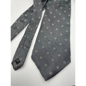 Mondo Seta Italy Mens Silk Necktie Charcoal Grey Silver Geometric Square Pattern